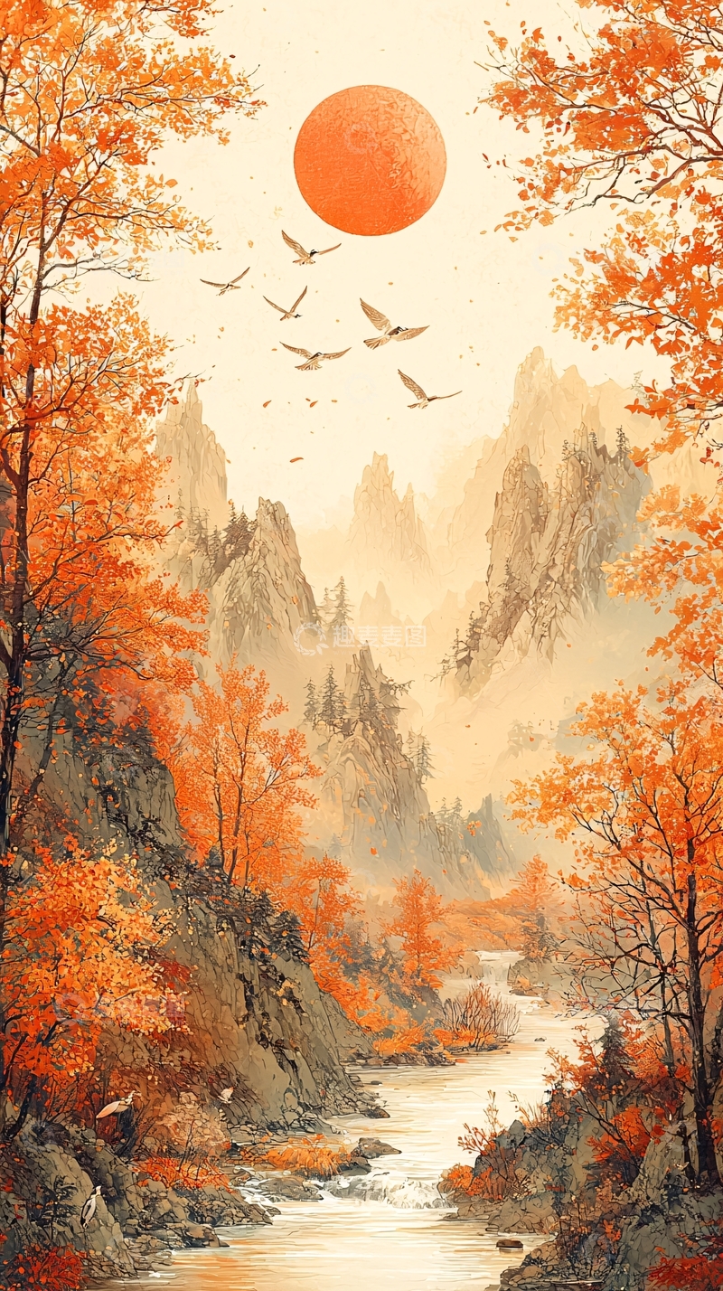 高清大图下载【趣麦麦图】秋日山河日落飞鸟