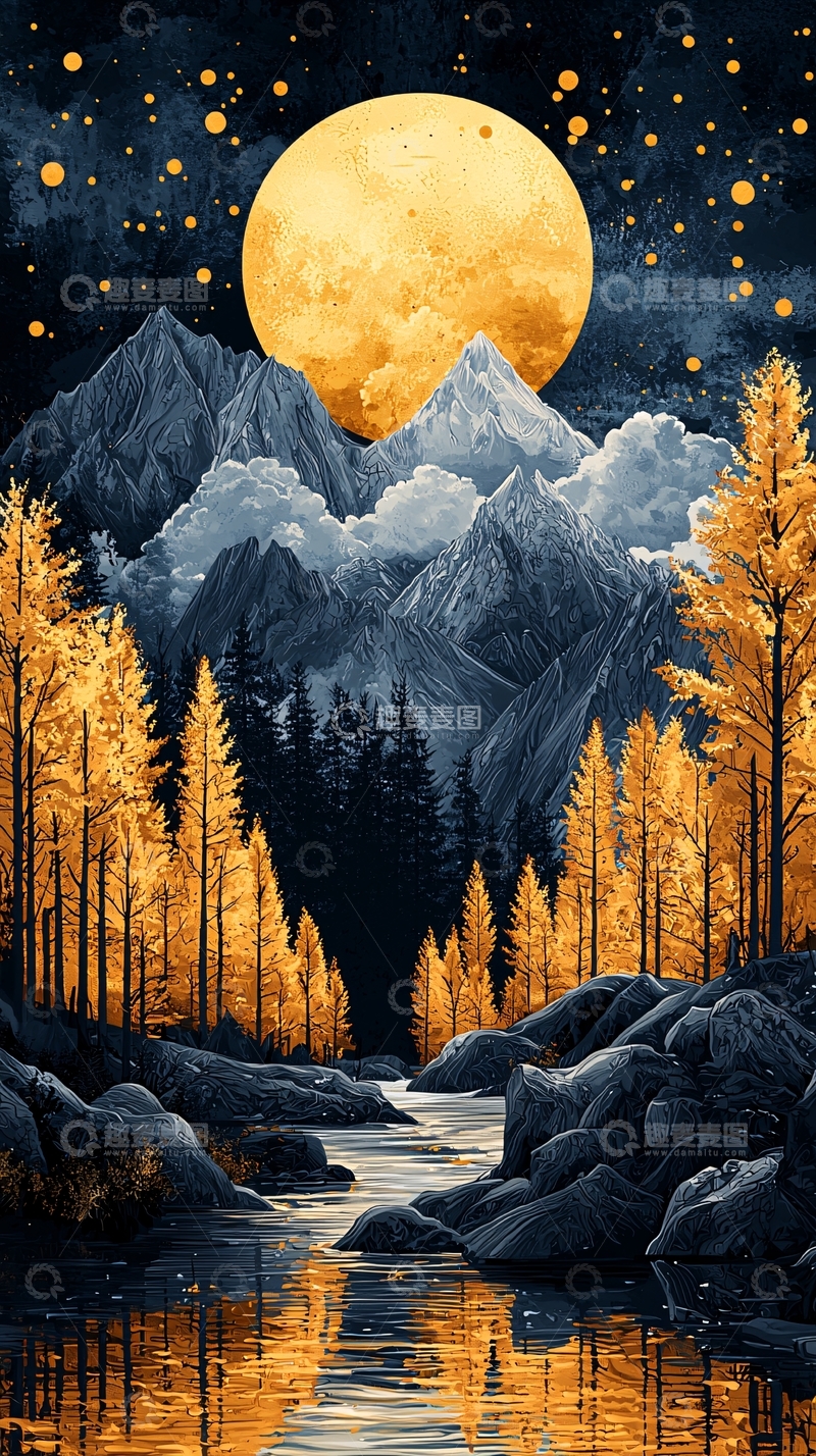 高清大图下载【趣麦麦图】金色月亮下的山水风景