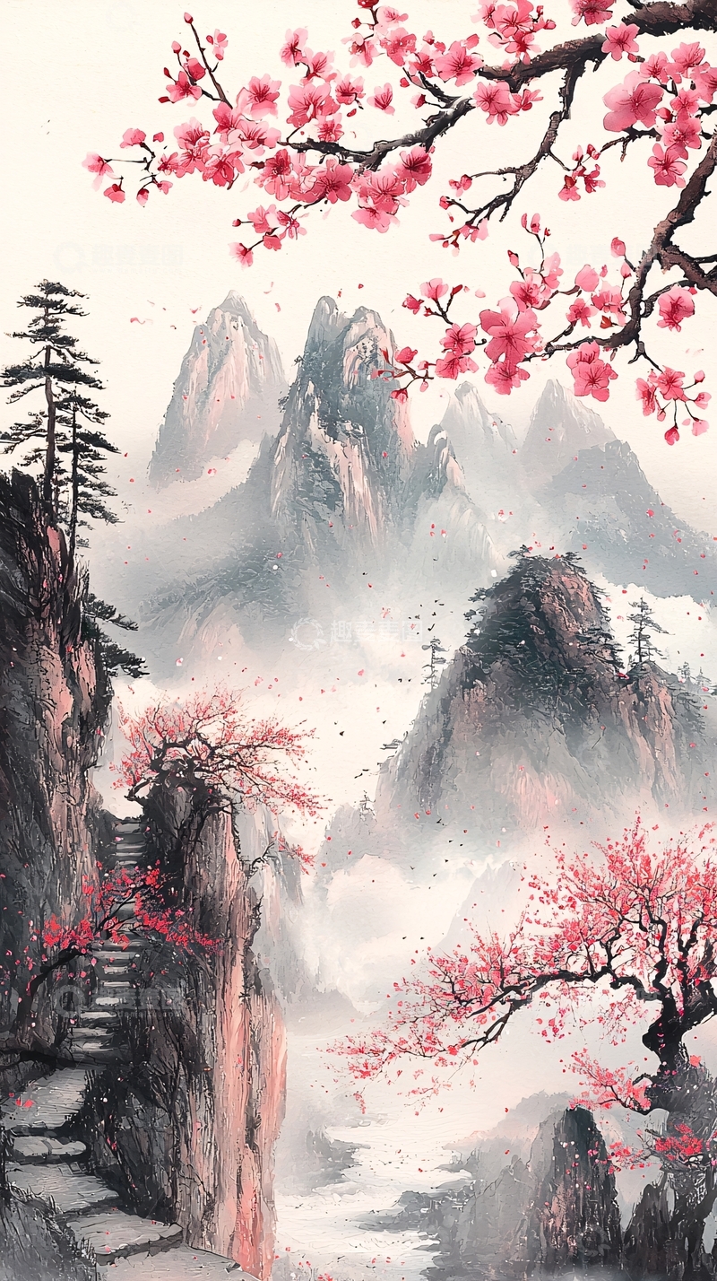 高清大图下载【趣麦麦图】粉色桃花山水意境图