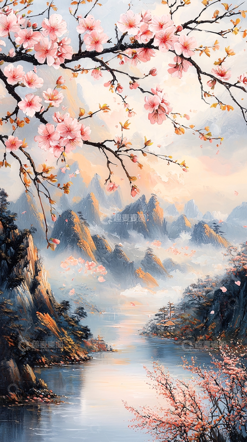 高清大图下载【趣麦麦图】水墨风格的桃花山水