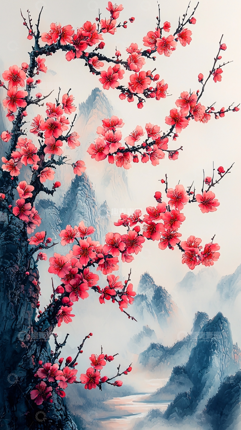 高清大图下载【趣麦麦图】红色花朵与山水背景的国画