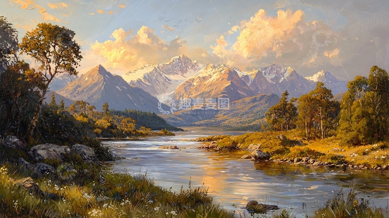 高清大图下载【趣麦麦图】山水田园风光油画风格