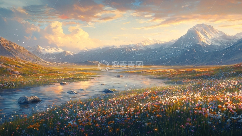 高清大图下载【趣麦麦图】山脉草原河流天空云朵
