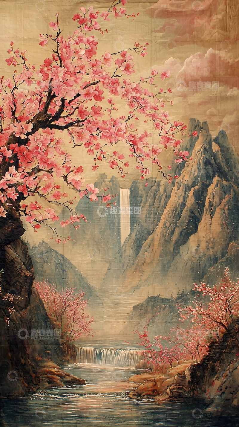 高清大图下载【趣麦麦图】粉色花朵山水画