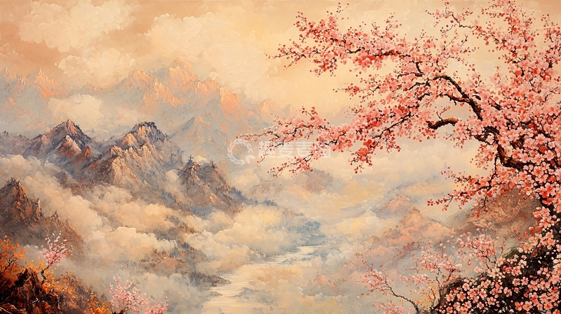 高清大图下载【趣麦麦图】国风山水桃花意境图