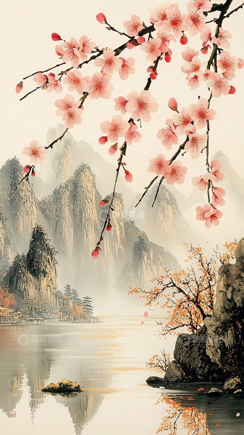 高清大图下载【趣麦麦图】粉色花朵山水风景水墨画