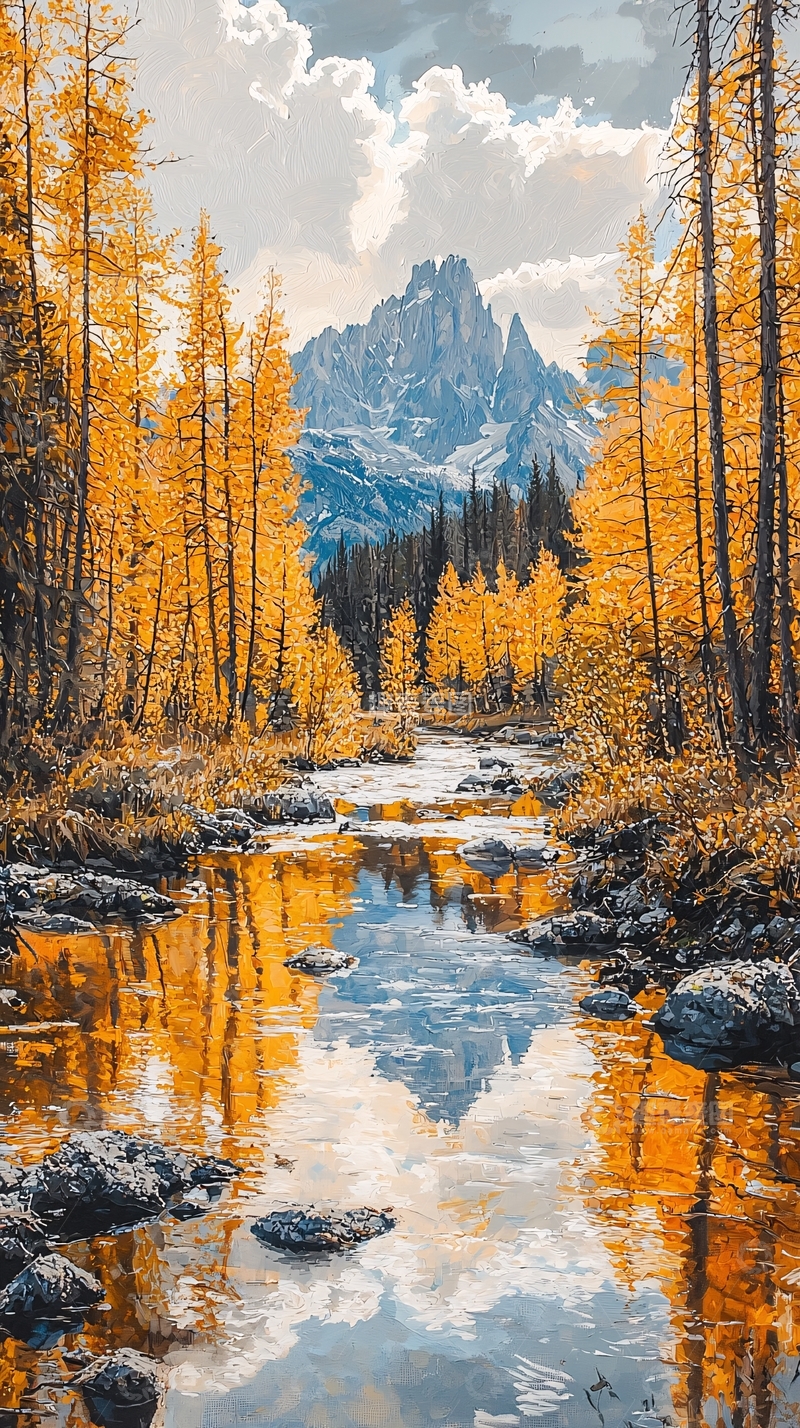 高清大图下载【趣麦麦图】秋日森林溪流远山倒影