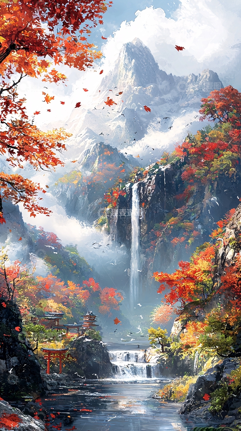 高清大图下载【趣麦麦图】秋日山水瀑布美景