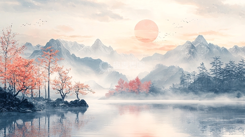 高清大图下载【趣麦麦图】水墨山水日出唯美意境