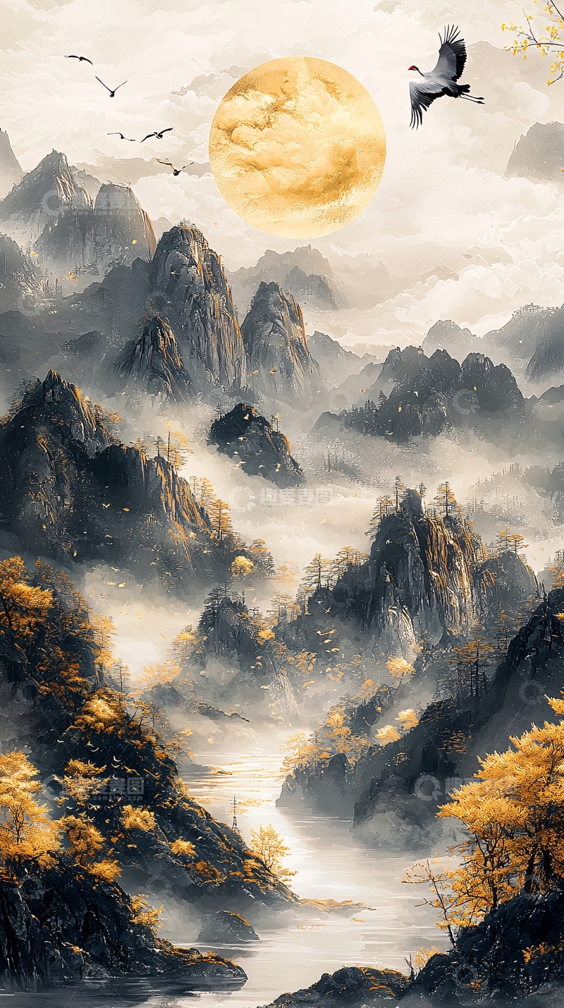 高清大图下载【趣麦麦图】水墨山水仙鹤圆月意境