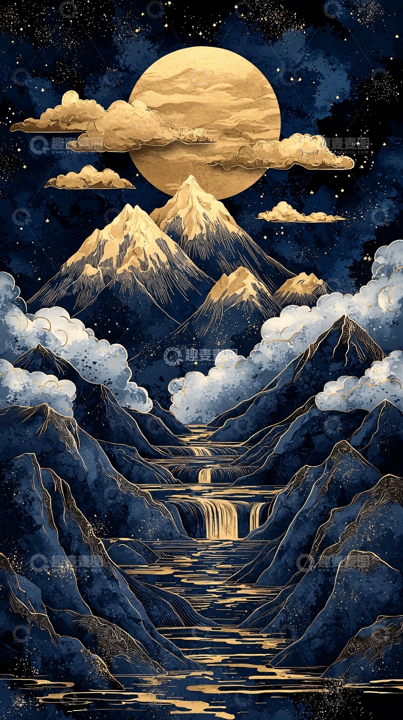 高清大图下载【趣麦麦图】金色月亮下的山川河流