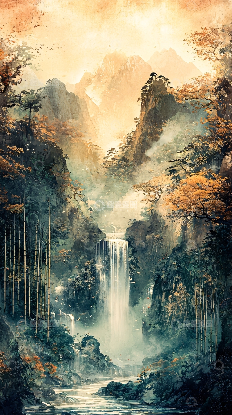 高清大图下载【趣麦麦图】水墨山水瀑布自然风光