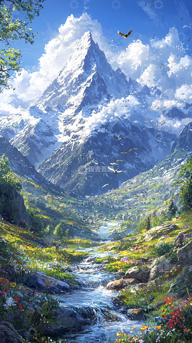 高清大图下载【趣麦麦图】壮丽雪山下的绿色山谷