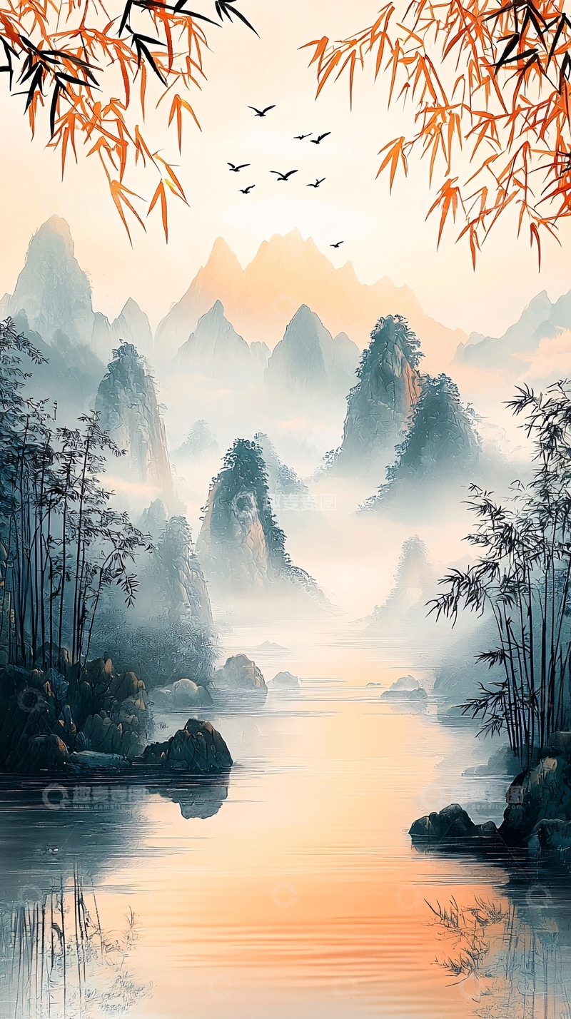 高清大图下载【趣麦麦图】水墨山水鸟高清图片