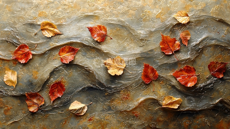 高清大图下载【趣麦麦图】秋叶在水面上漂浮的艺术画作