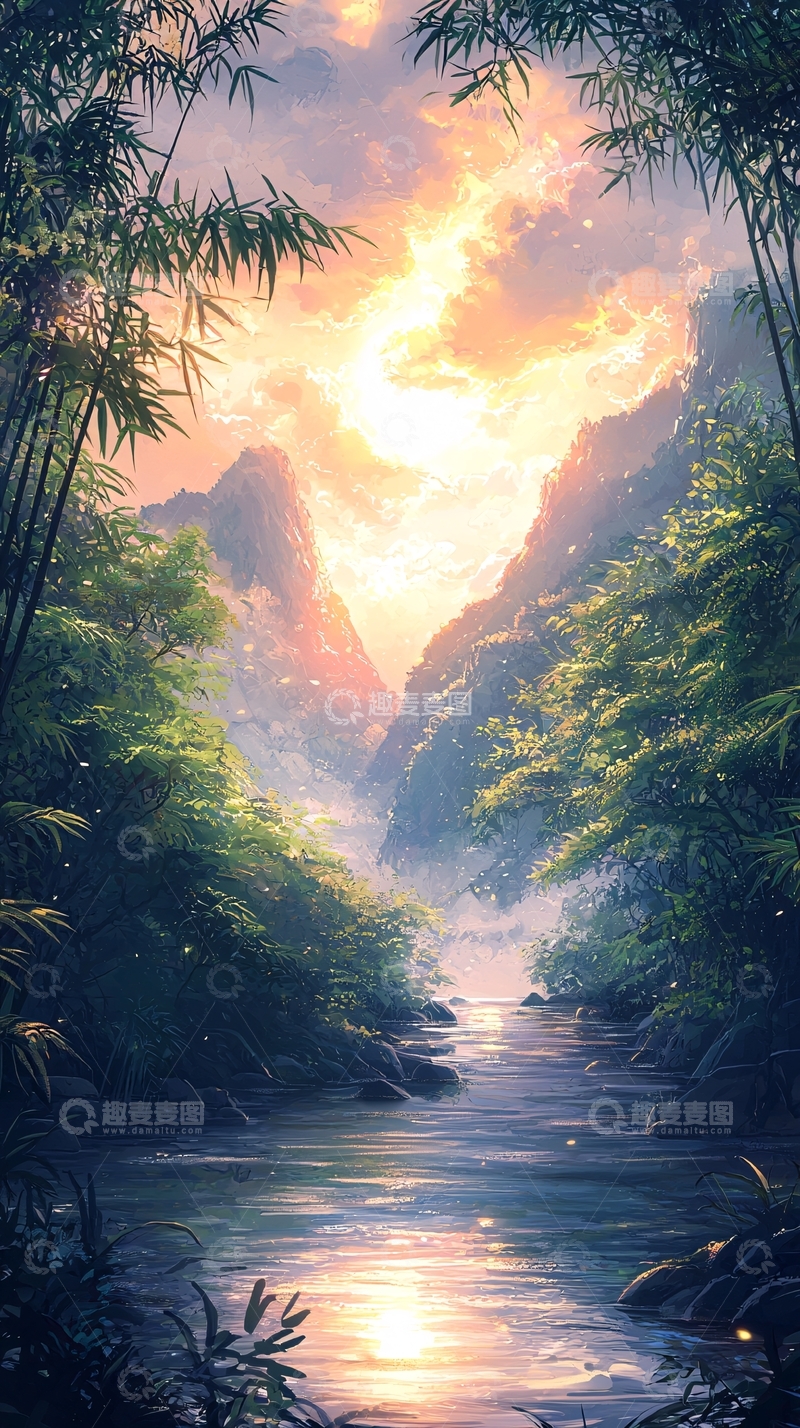 高清大图下载【趣麦麦图】宁静的竹林山水画