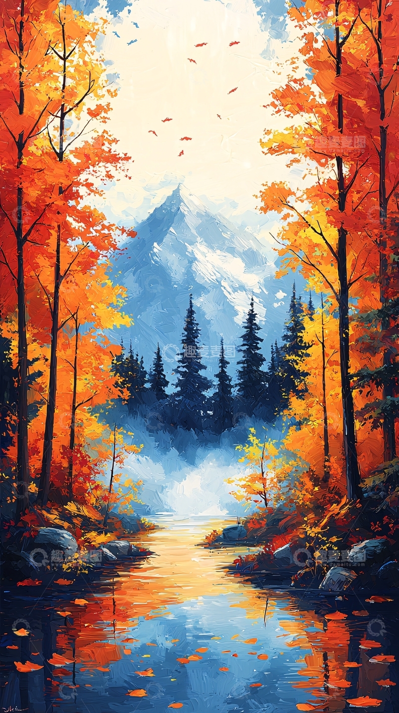 高清大图下载【趣麦麦图】秋色森林中的山峰