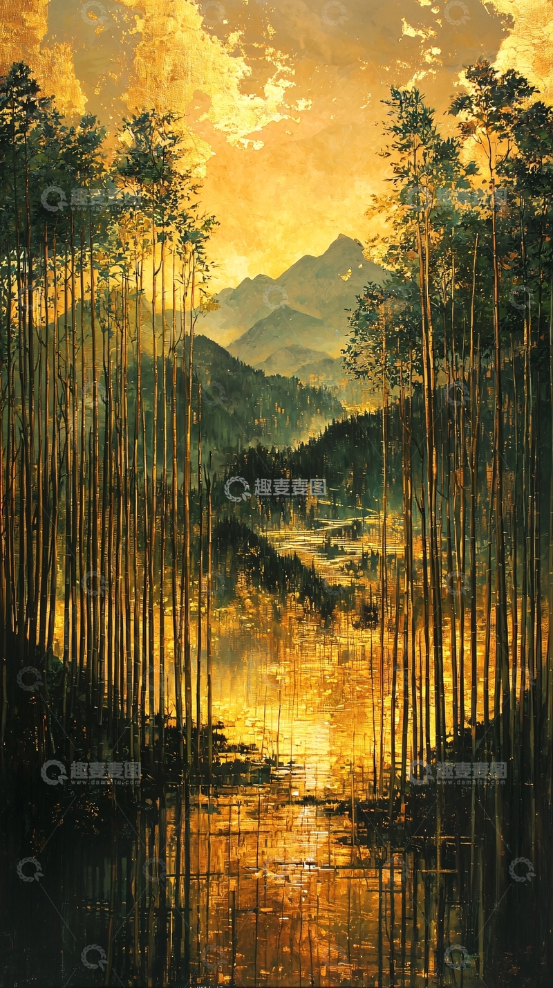 高清大图下载【趣麦麦图】金色阳光下的森林山水画