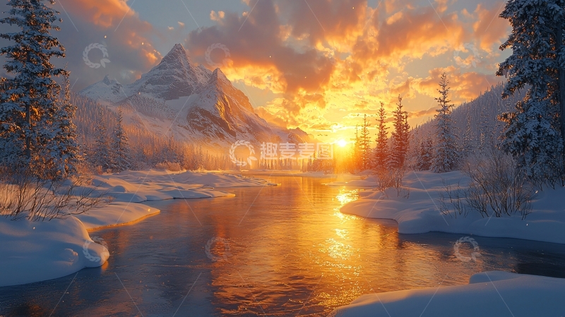高清大图下载【趣麦麦图】雪山河流日出美景