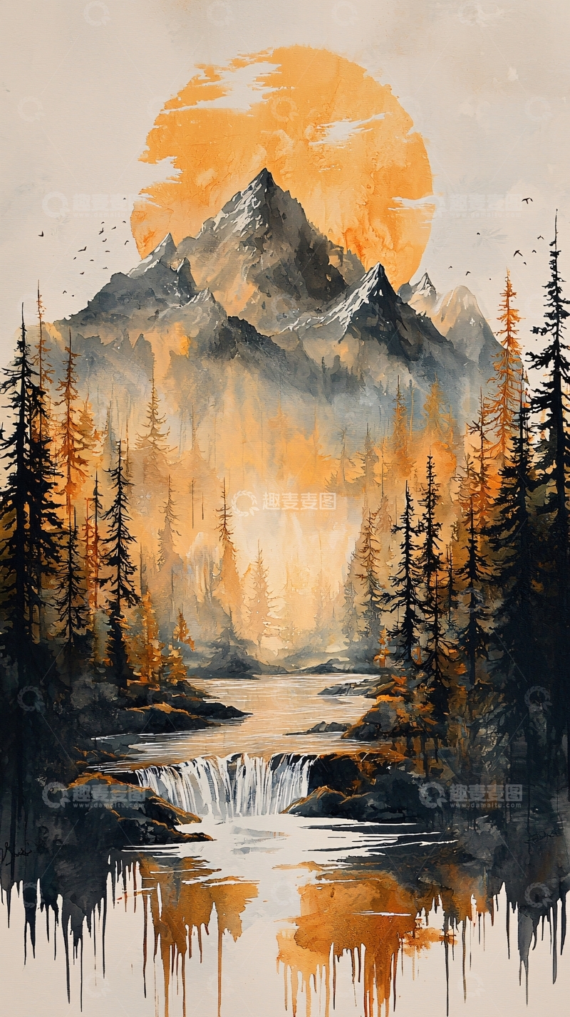 高清大图下载【趣麦麦图】水彩山水日落树林