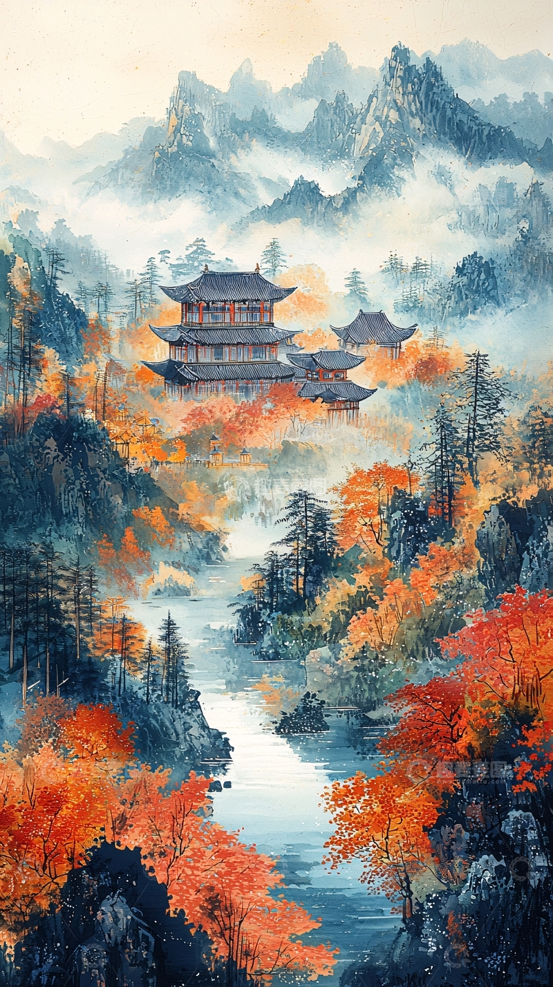 高清大图下载【趣麦麦图】山间寺庙秋色宜人