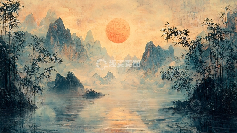 高清大图下载【趣麦麦图】水墨山水日出东方意境