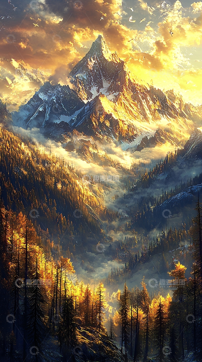 高清大图下载【趣麦麦图】雪山金光照耀下的森林