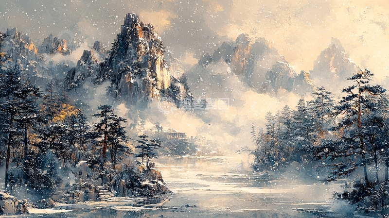 高清大图下载【趣麦麦图】水墨雪山松树风景