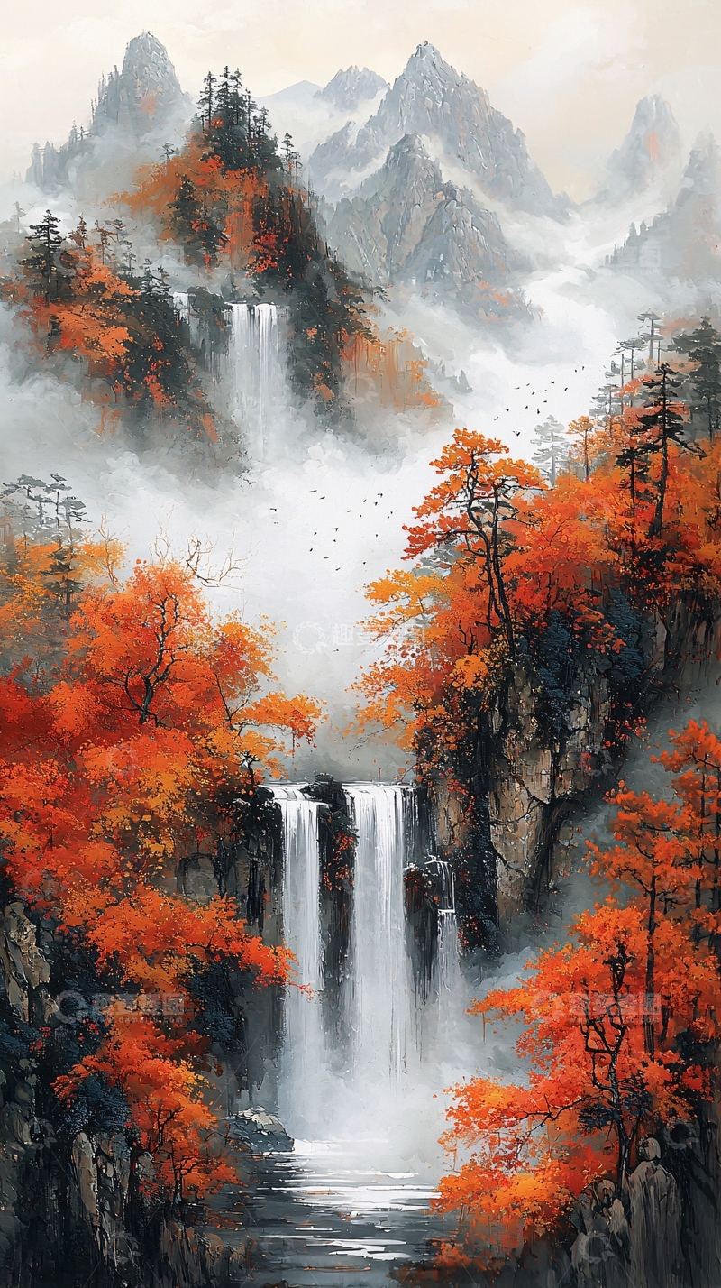高清大图下载【趣麦麦图】秋日瀑布山水画