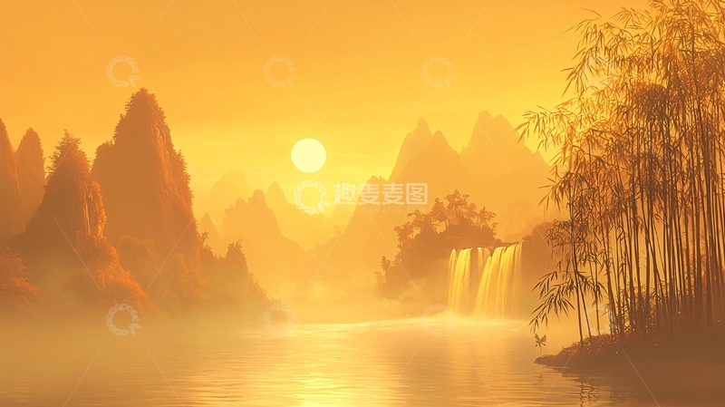 高清大图下载【趣麦麦图】金色山水竹林唯美意境