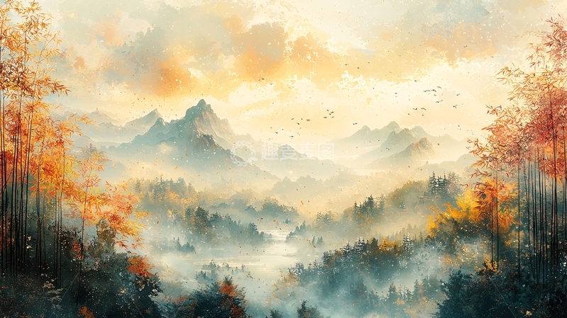 高清大图下载【趣麦麦图】朦胧山景水墨画风