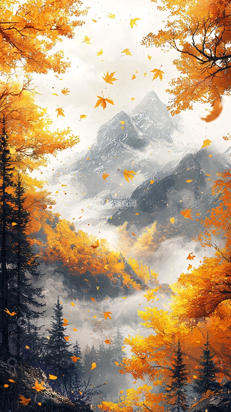 高清大图下载【趣麦麦图】秋日山景落叶飘零