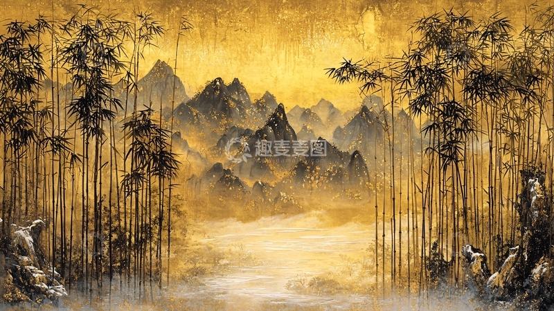 高清大图下载【趣麦麦图】金色山水竹林国画风景