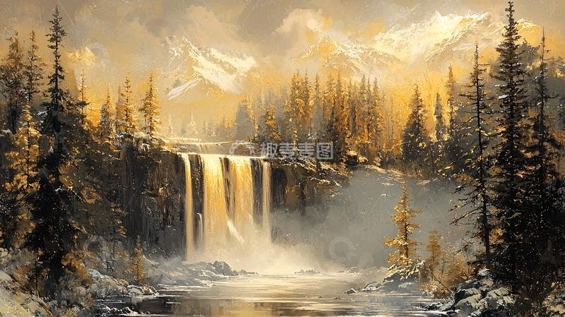 高清大图下载【趣麦麦图】金色瀑布流淌的冬日山景