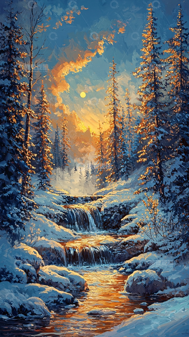 高清大图下载【趣麦麦图】冬季森林河流日落雪景