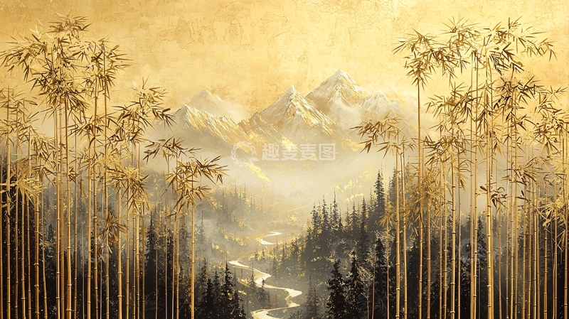 高清大图下载【趣麦麦图】金色山水竹林水墨画