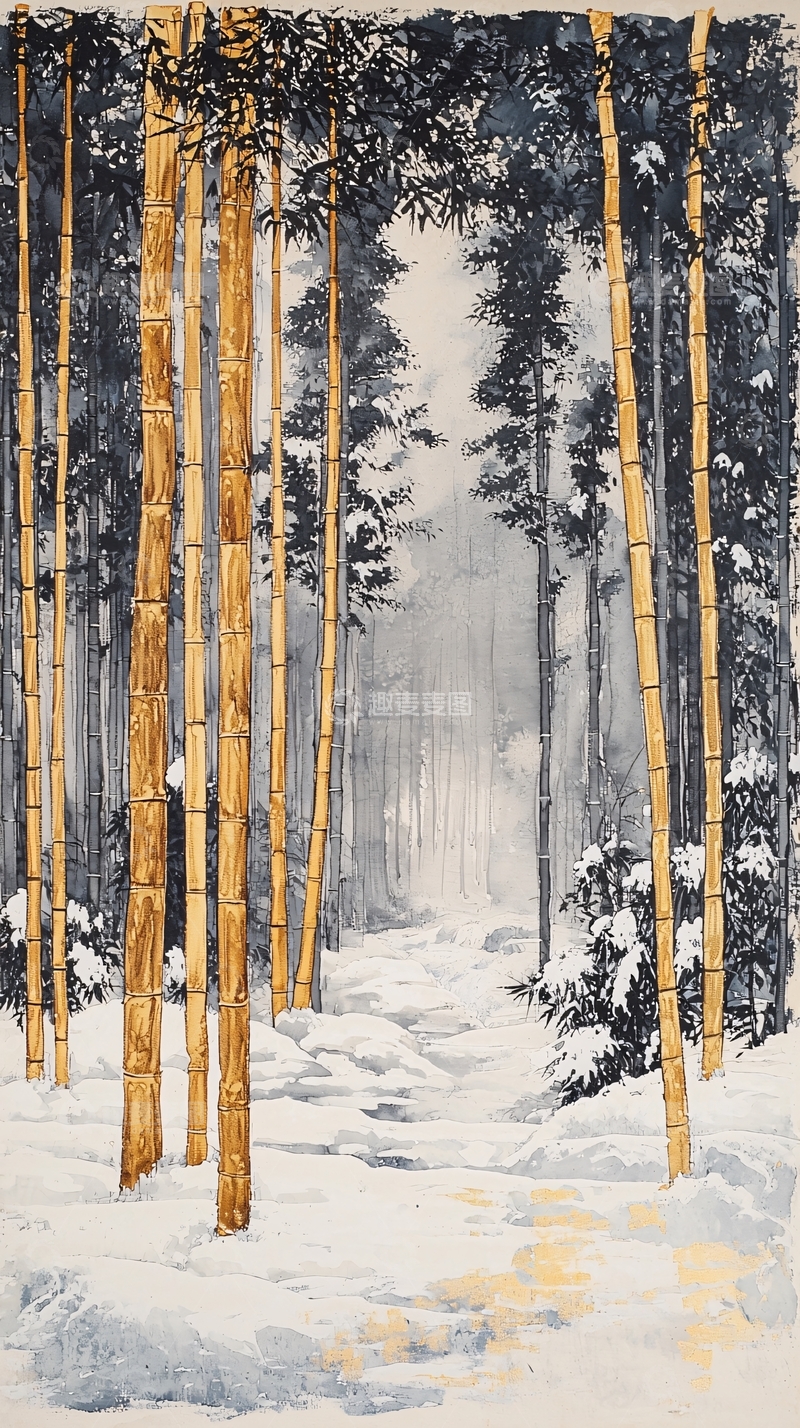 高清大图下载【趣麦麦图】雪地竹林意境水墨画