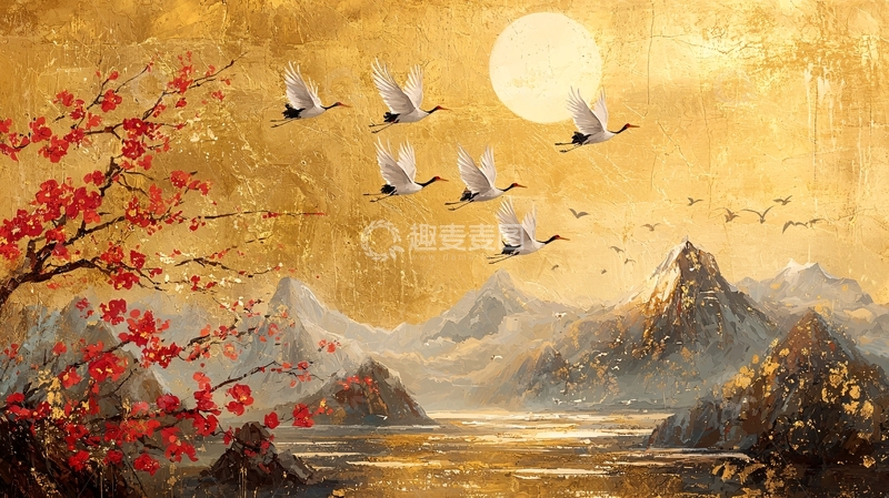 高清大图下载【趣麦麦图】金色山水仙鹤红梅图