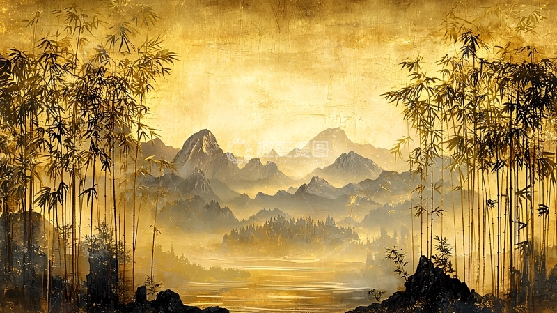 高清大图下载【趣麦麦图】金色山水竹林意境图