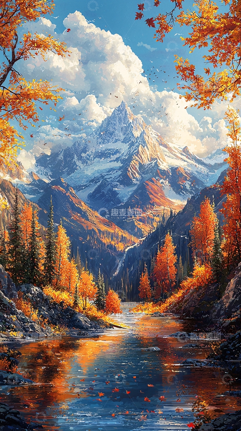 高清大图下载【趣麦麦图】秋季山脉流水美景