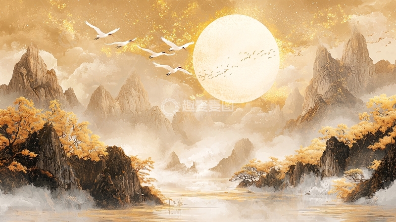 高清大图下载【趣麦麦图】金色山水月亮仙鹤