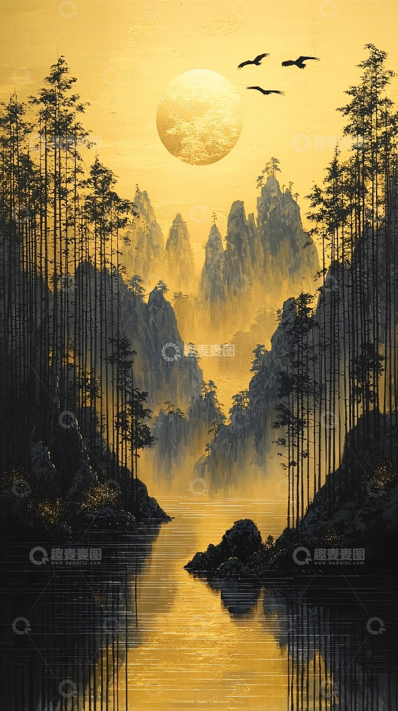 高清大图下载【趣麦麦图】金色山水剪影