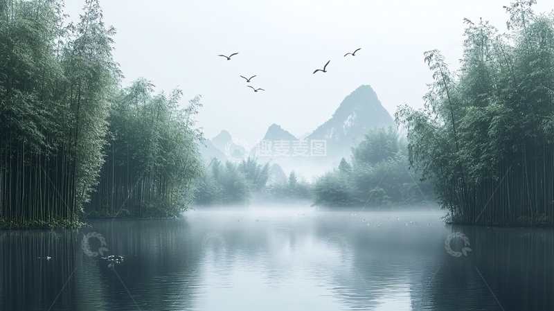 高清大图下载【趣麦麦图】雾气笼罩的山水竹林