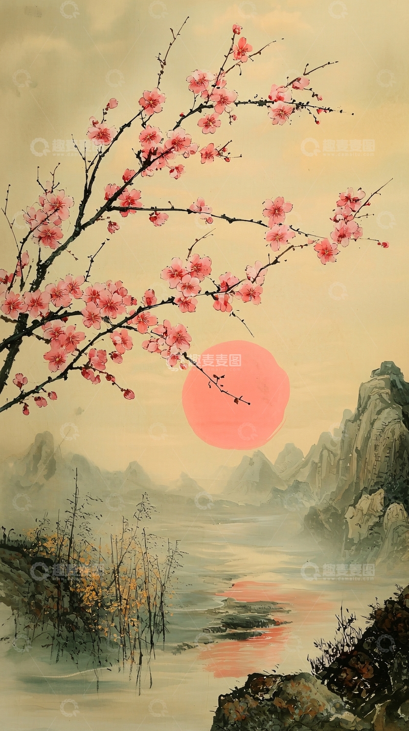 高清大图下载【趣麦麦图】水墨风格的桃花夕阳