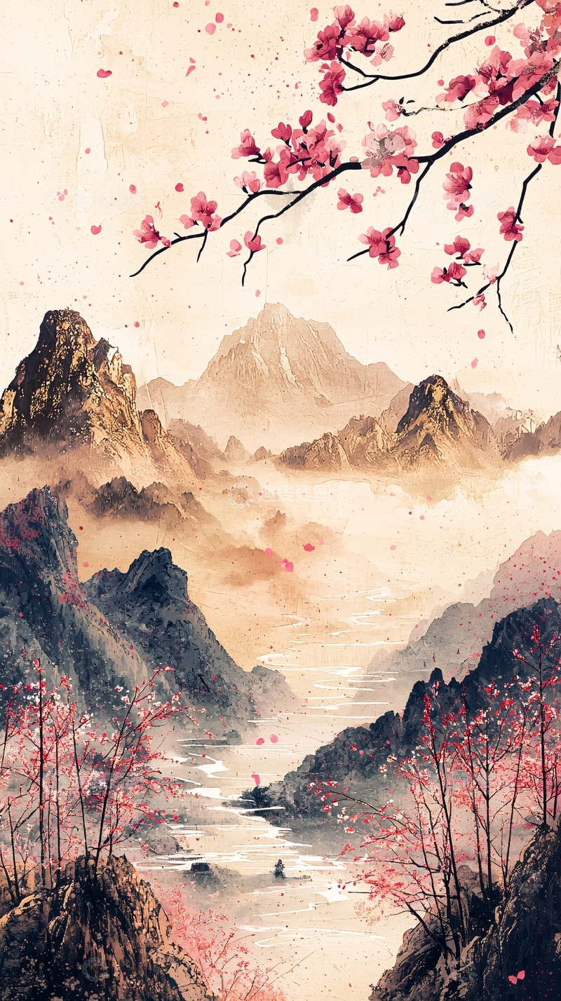 高清大图下载【趣麦麦图】水墨风山水桃花意境图
