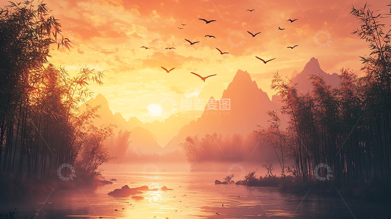 高清大图下载【趣麦麦图】金色日落下的山水飞鸟