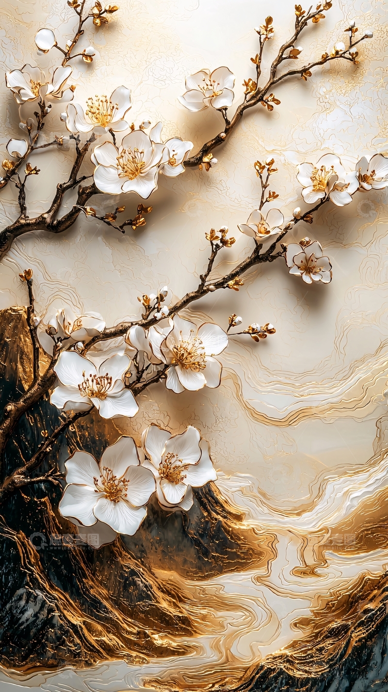 高清大图下载【趣麦麦图】白色花朵和金色纹理背景