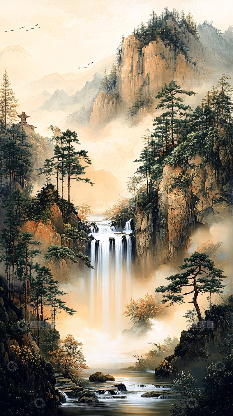 高清大图下载【趣麦麦图】山水瀑布松树