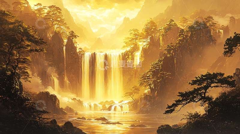 高清大图下载【趣麦麦图】金色瀑布山水风景