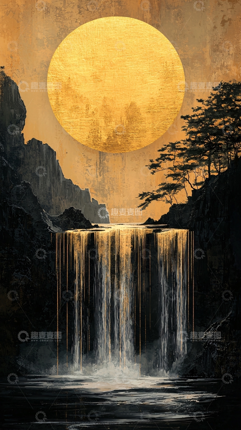 高清大图下载【趣麦麦图】金色满月下的瀑布